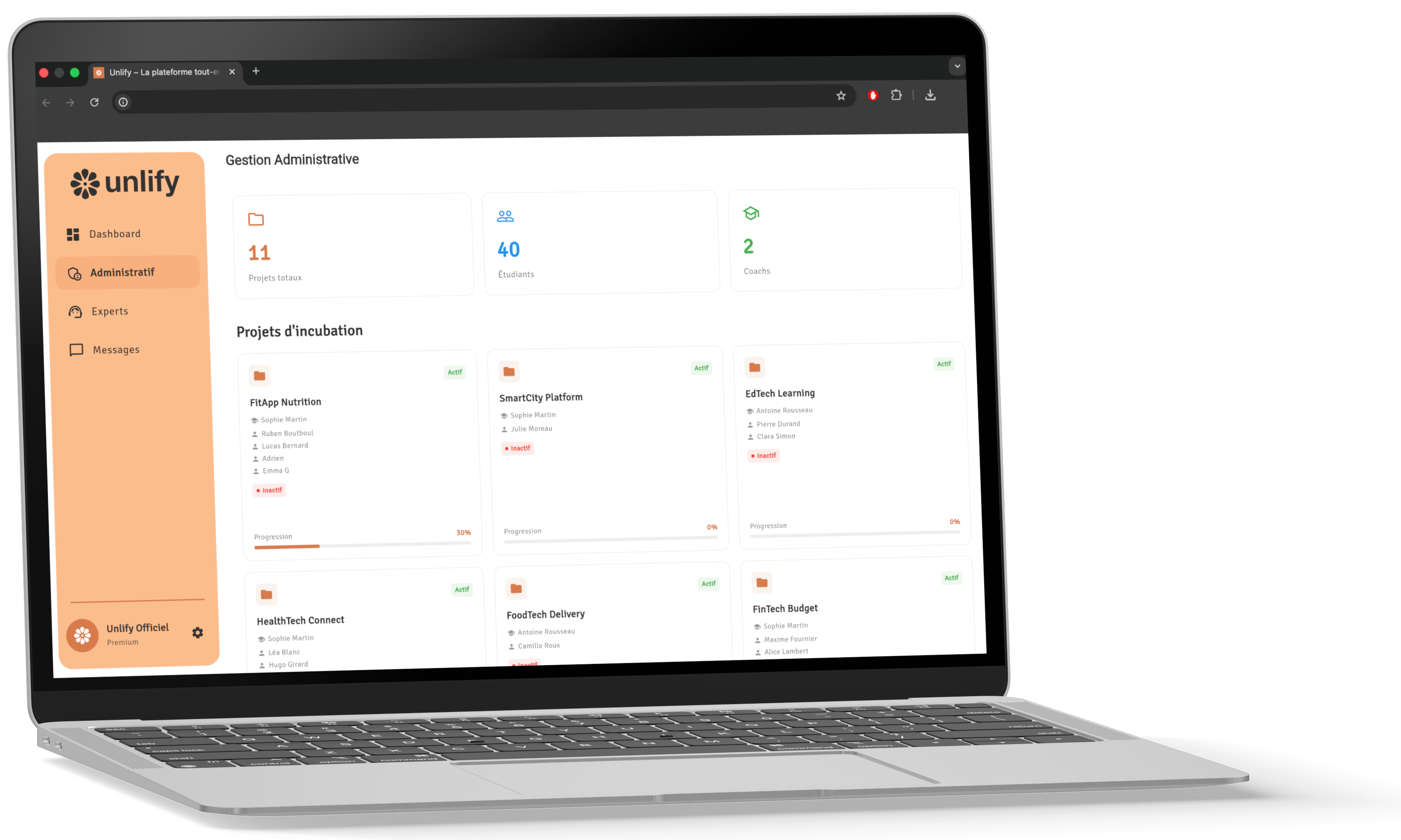 Interface admin Unlify