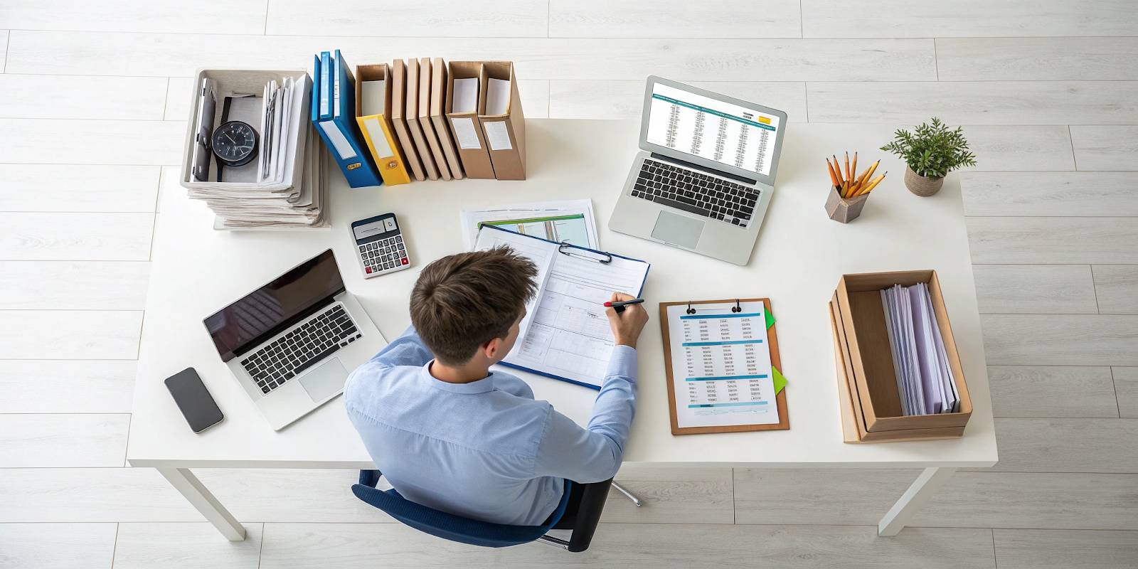 Illustration d'un entrepreneur organisé, gérant ses finances et documents pour éviter les erreurs