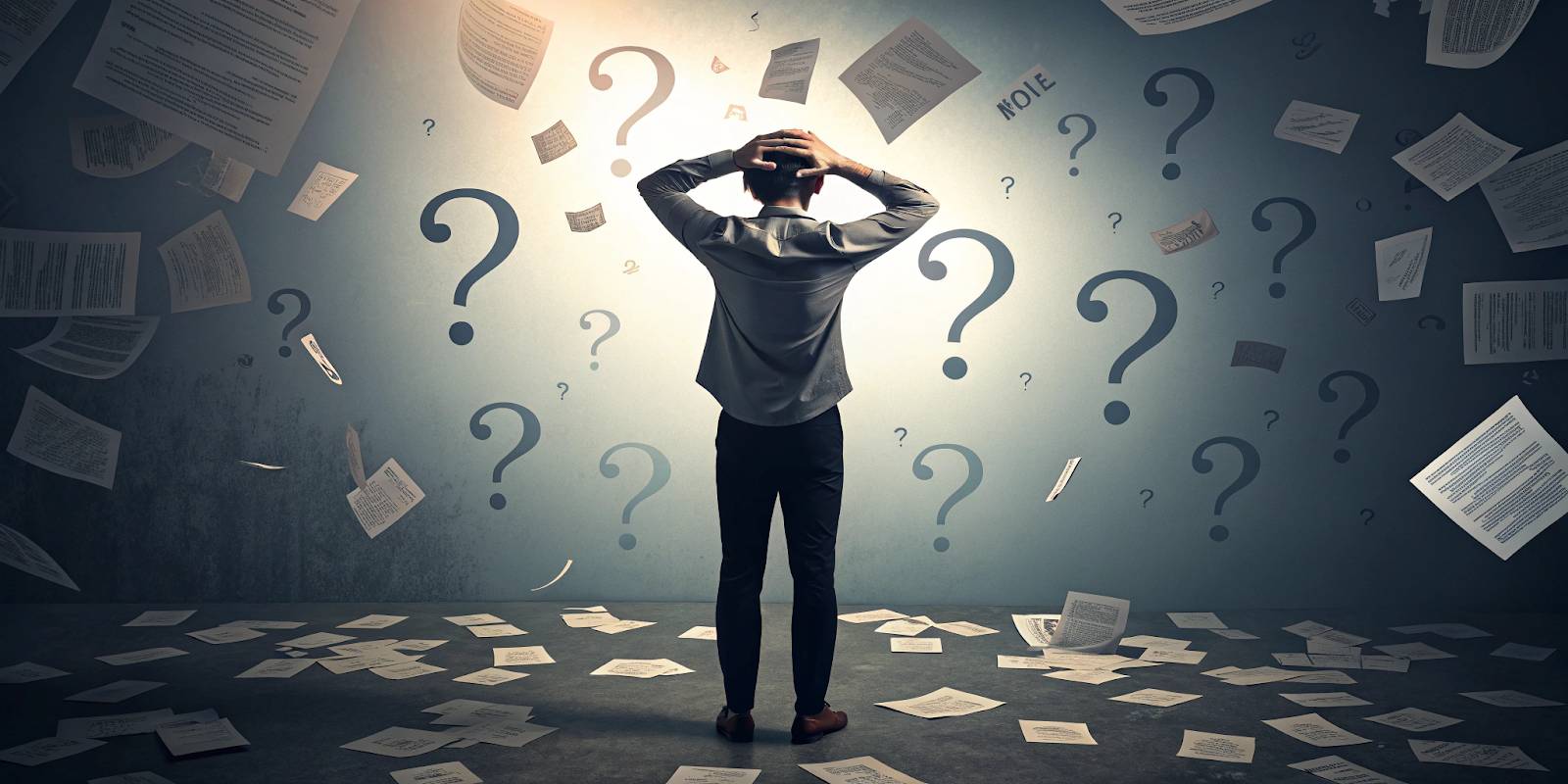 Un entrepreneur se demande pourquoi ses prospects partent, entouré de questions et de confusion.