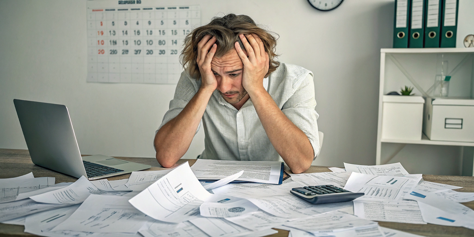 Illustration de l'anxiété liée à la comptabilité, avec des documents éparpillés et une personne stressée.