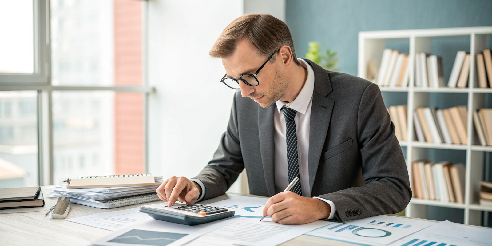 Illustration d'un entrepreneur serein, gérant sa comptabilité avec un tableau de bord clair et des outils modernes.