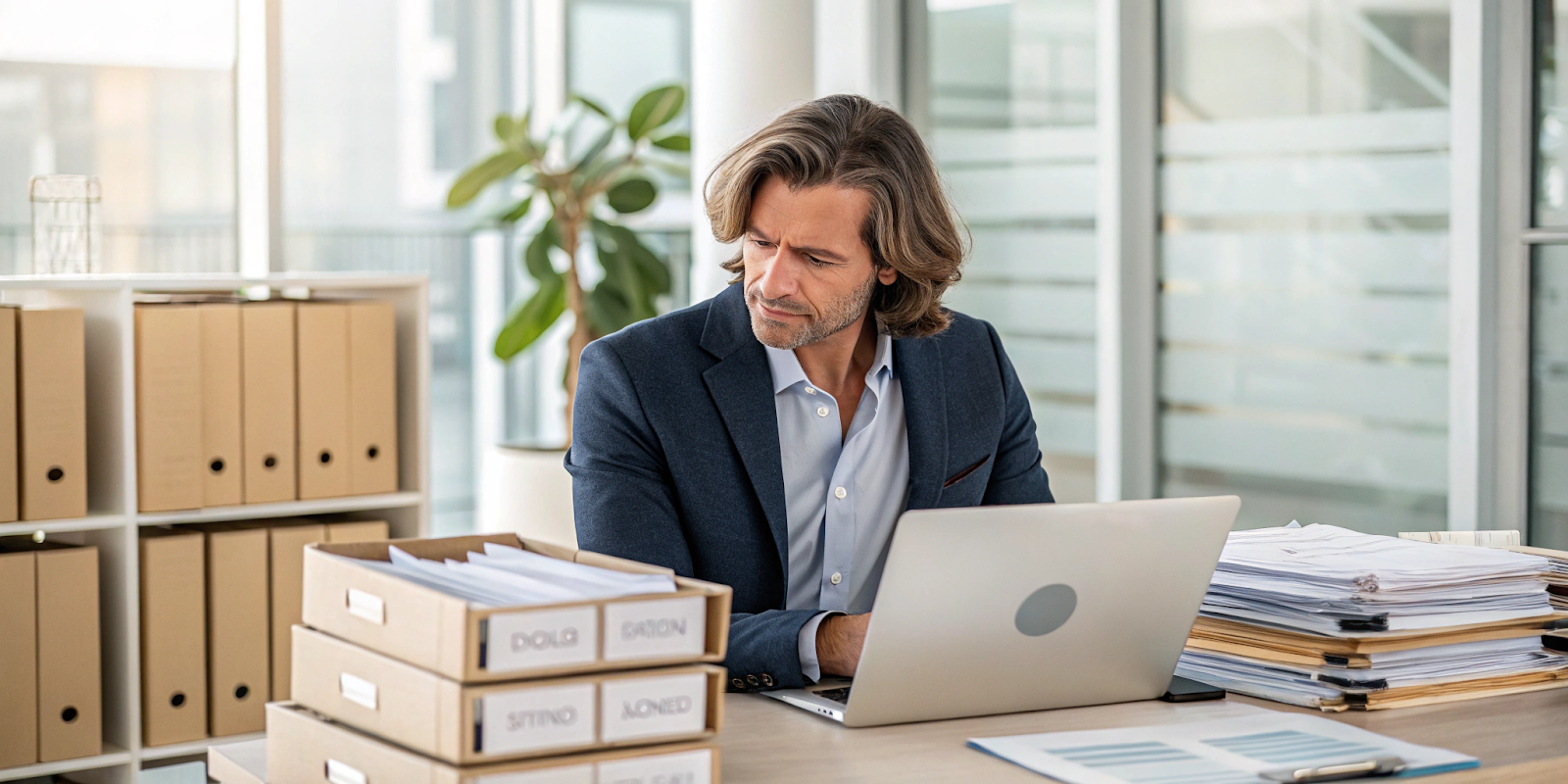 Illustration d'un entrepreneur serein avec des factures parfaitement organisées, symbolisant la tranquillité d'esprit.