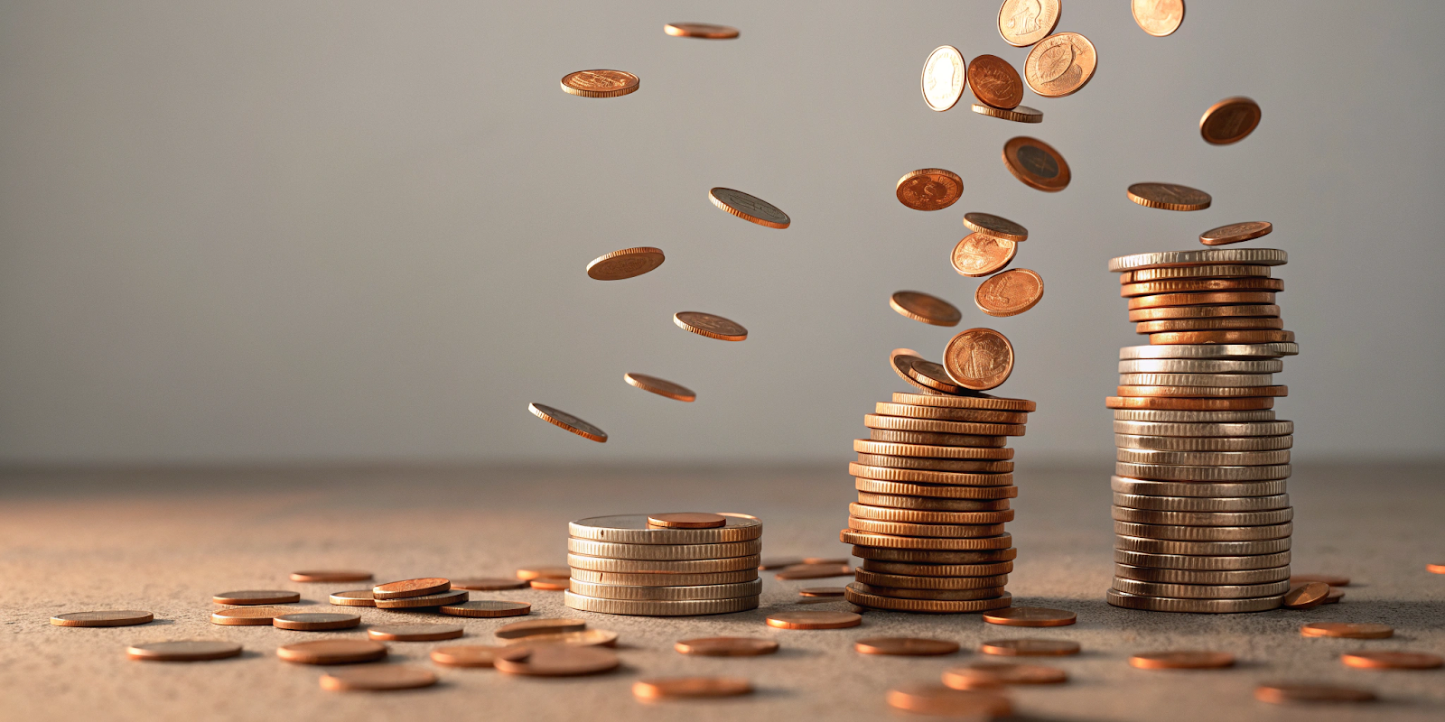 Illustration des flux de trésorerie, avec des pièces de monnaie en mouvement entre différentes piles.