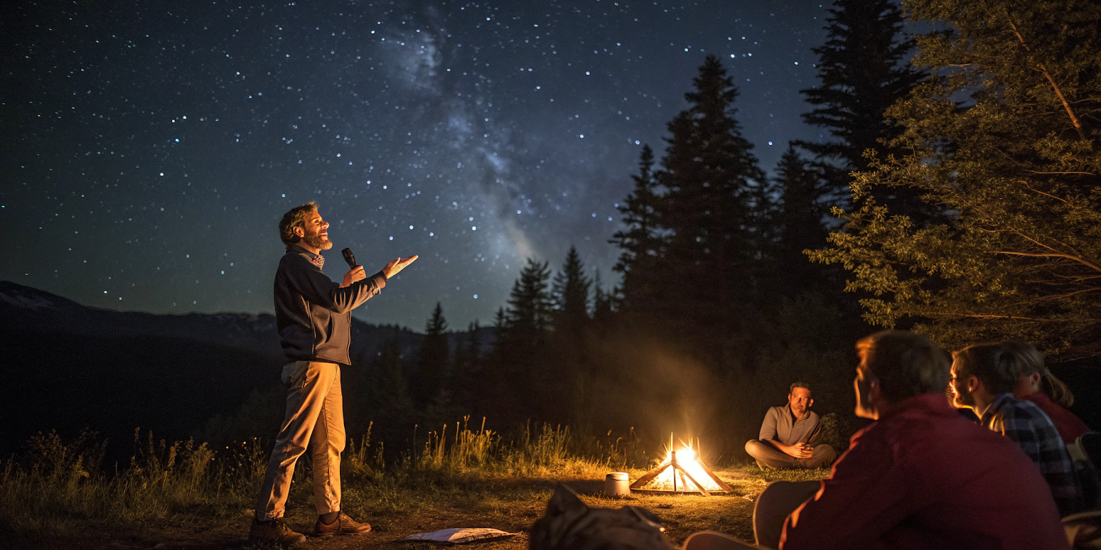 Illustration d'un entrepreneur racontant son histoire, captivant son audience autour d'un feu de camp.